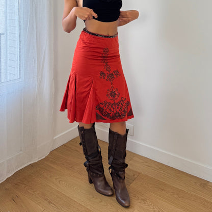Euro Vintage French Red/Orange Printed Midi Skirt (XS)
