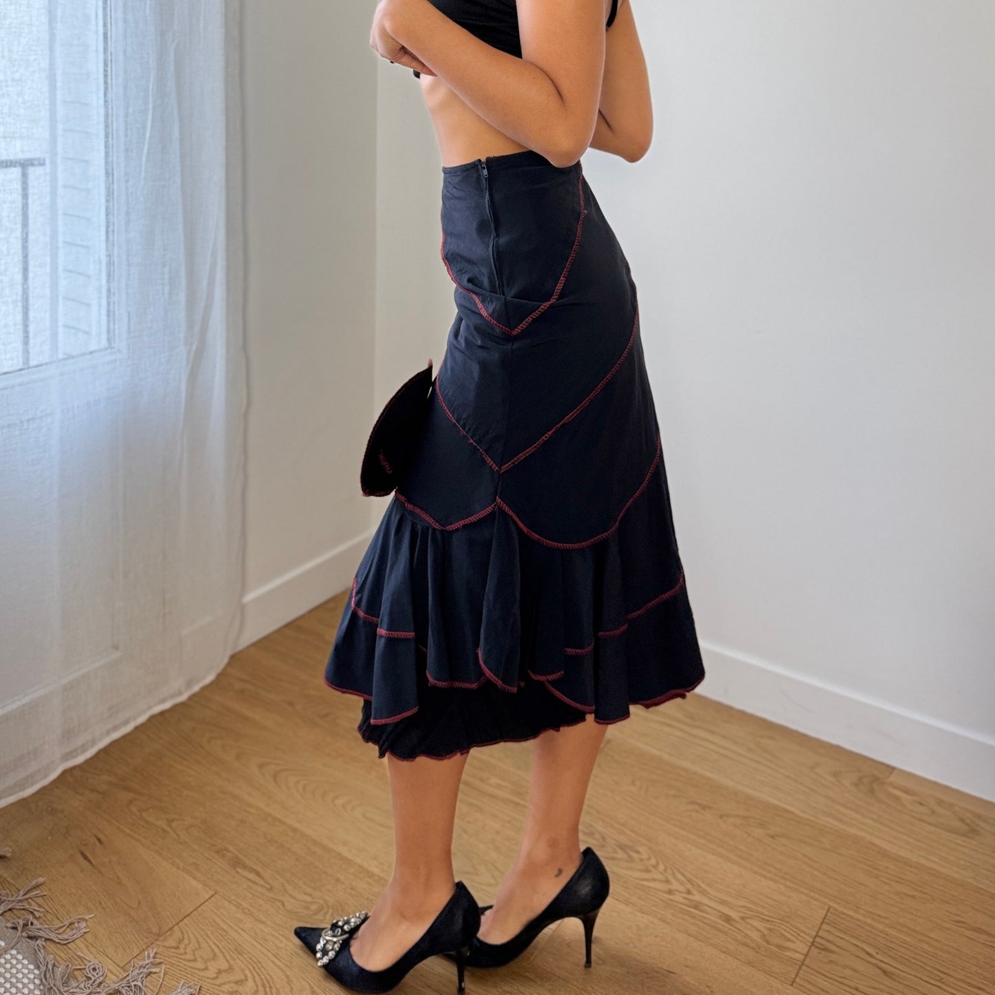 Vintage French Black Midi Skirt Red Contrast Stitch Asymmetrical Hem (XS)