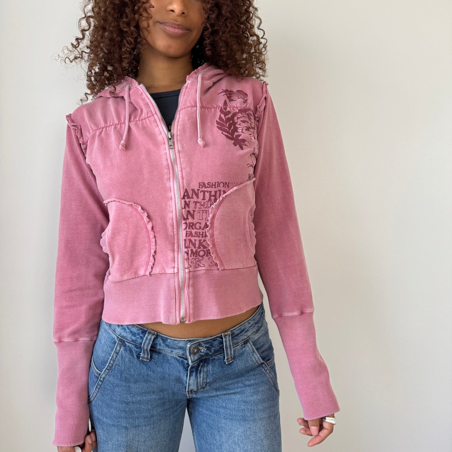 Vintage Morgan de Toi pink zip-up hoodie with graphic print & raw-edge details S