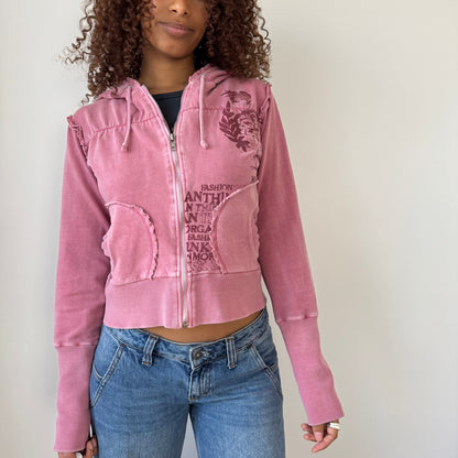Vintage Morgan de Toi pink zip-up hoodie with graphic print & raw-edge details S
