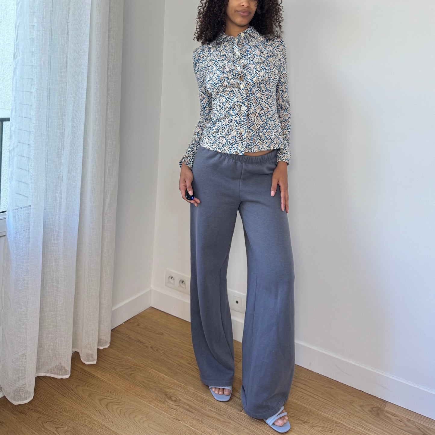 Vintage Italian Button-Up Mesh Blouse with Micro Dot Print (XS)