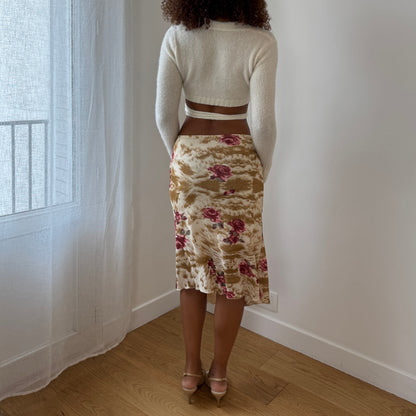 Vintage Italian tan floral mesh draped lace detail midi skirt (Small)