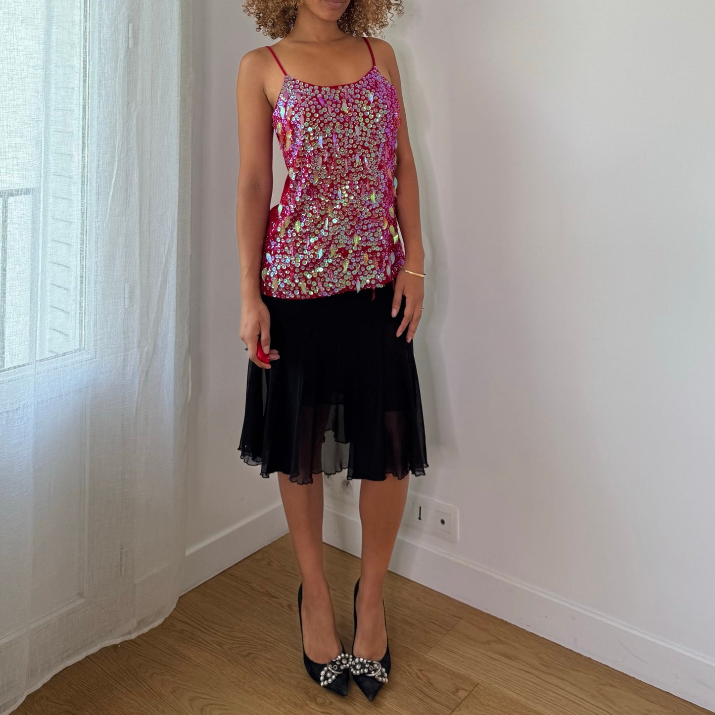 Vintage Pink Sequin Fringe Cami Top Disco Party Y2K (M/L)