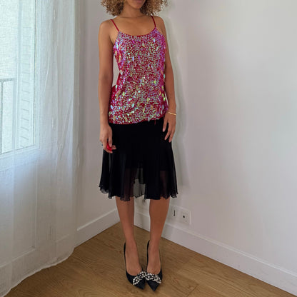 Vintage Pink Sequin Fringe Cami Top Disco Party Y2K (M/L)