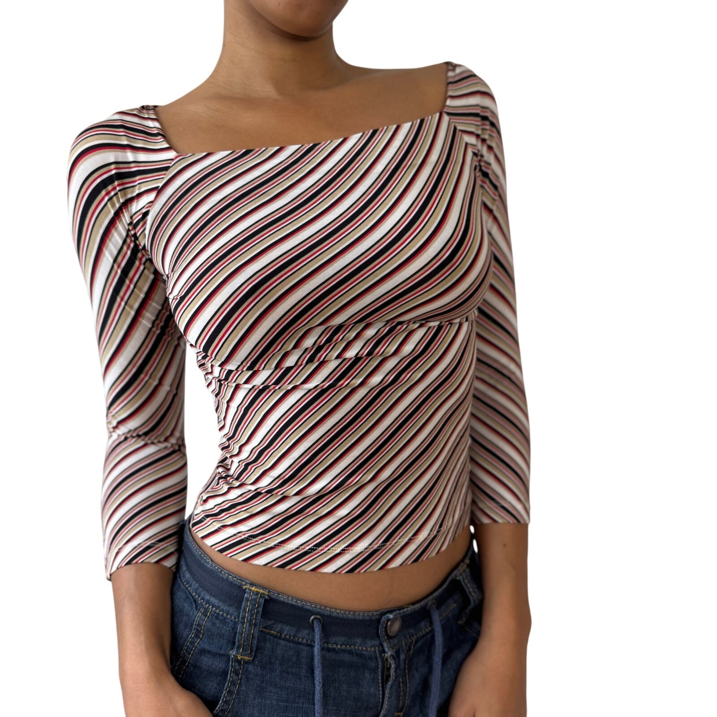 Vintage Italian Diagonal-Stripe Slinky Square-Neck Top (XS/S)