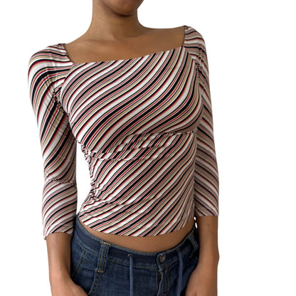 Vintage Italian Diagonal-Stripe Slinky Square-Neck Top (XS/S)