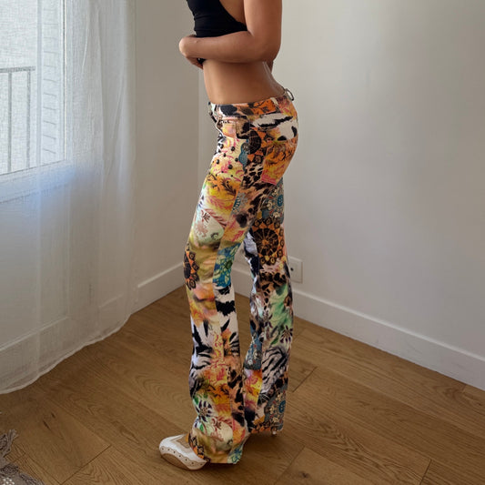 Vintage Italian Multicolor Patchwork Print Pants Low Rise Slim (S)