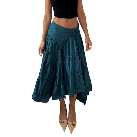 Vintage Teal Tiered Midi Skirt Y2K French Parisian (S)