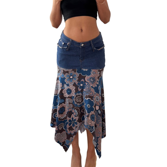 Vintage Denim Waistband Floral Mesh Midi Skirt Saxx Jeans Y2K (S)