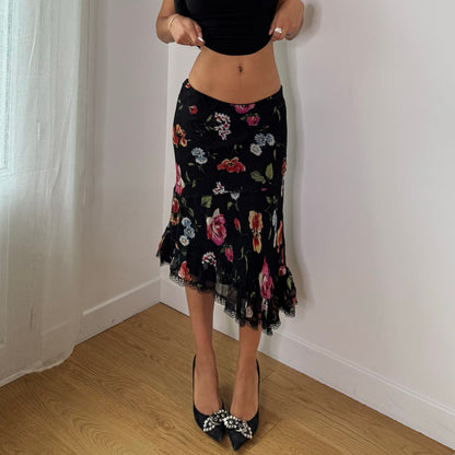 Vintage Black Red Pink Floral Mesh Asymmetrical Midi Skirt Italian Y2K (S)