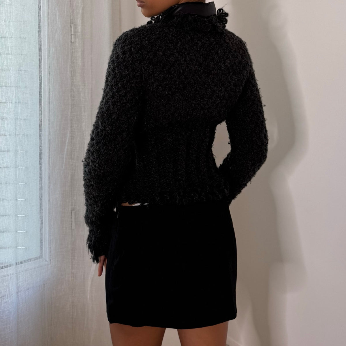 Italian vintage Y2K charcoal grey textured wool blend zip-up jacket with quilted panels and high collar