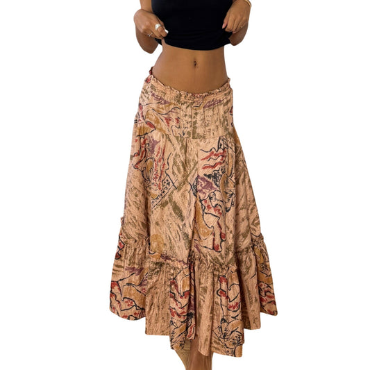 Vintage Euro Beige Brown Abstract Print Tiered Midi Skirt by La Squadra (Small)