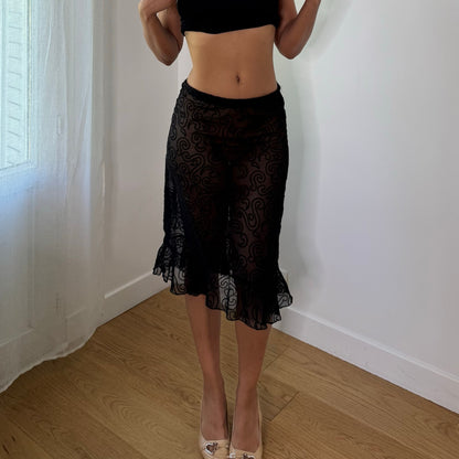 Vintage Black Sheer Velvet Swirl Mesh Midi Skirt (S)