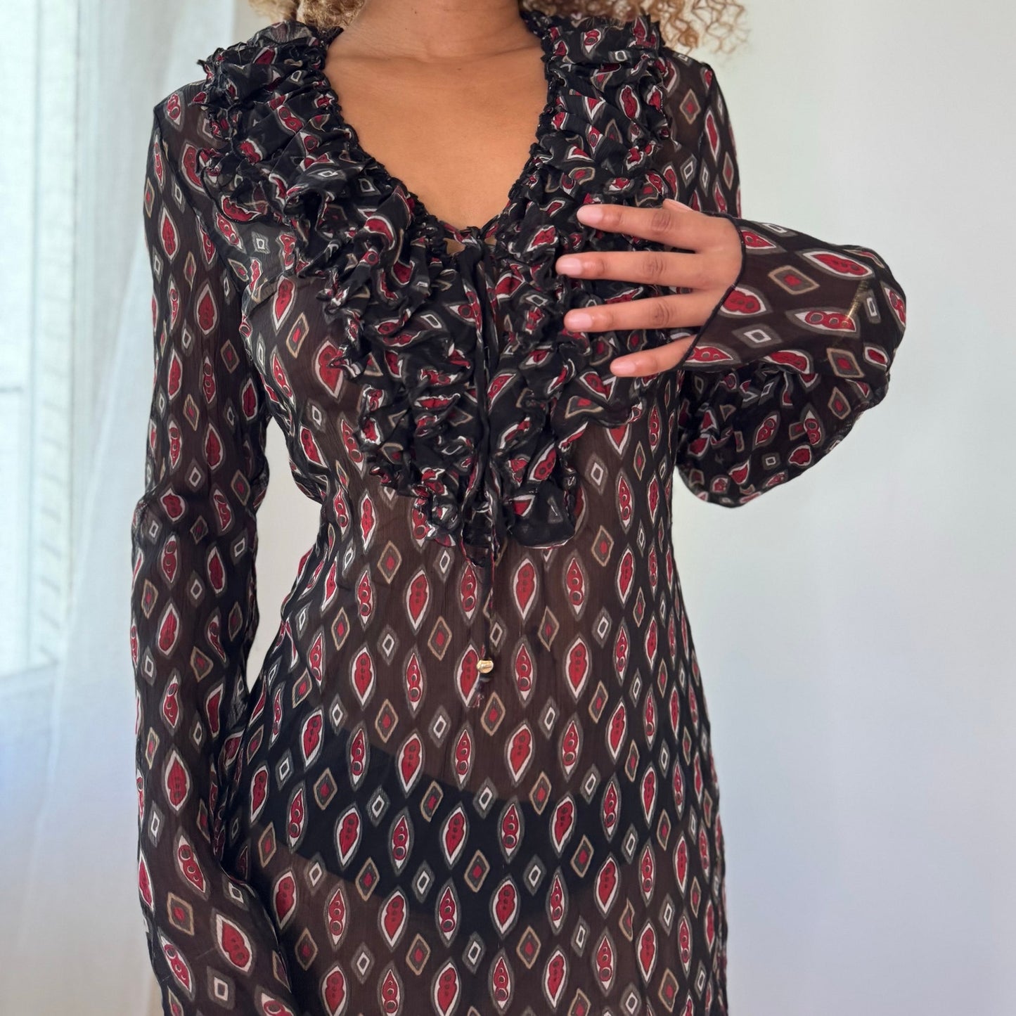 Vintage Black Burgundy Mesh Mini Dress Ruffle Front Italian Y2K (S)