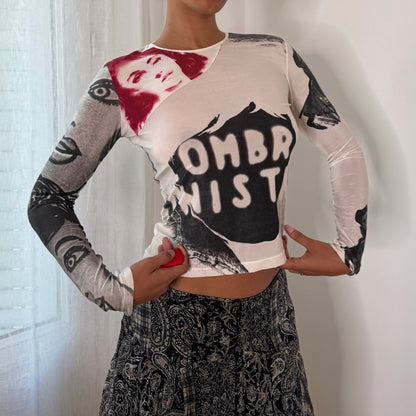 E-Play Italian Vintage White Black Red Pop Art Graphic Slinky Long Sleeve Top