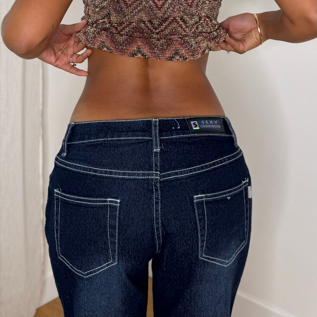 Euro Vintage Dark Indigo Blue Low Rise Flared Denim Jeans with White Contrast Stitching