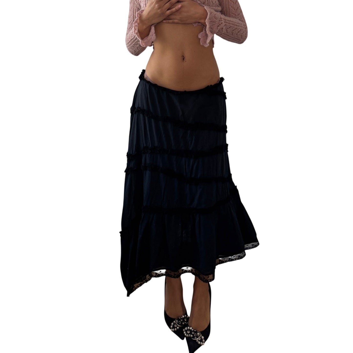 Vintage Italian Black Tiered Cotton Midi Skirt Lace Trim (S/M)