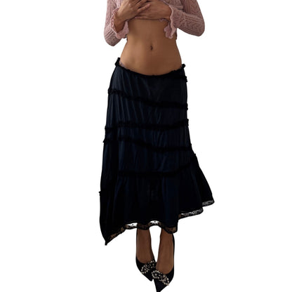 Vintage Italian Black Tiered Cotton Midi Skirt Lace Trim (S/M)