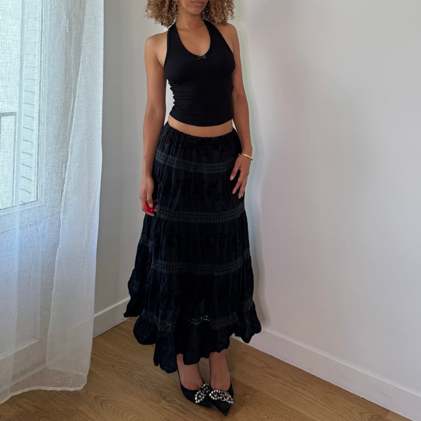 Vintage Black Cotton Maxi Skirt Tonal Embroidery Tiered Boho Y2K (XS/S)