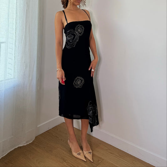 Vintage Celyn B Black White Rose Floral Mesh Midi Dress Italian Y2K (S)