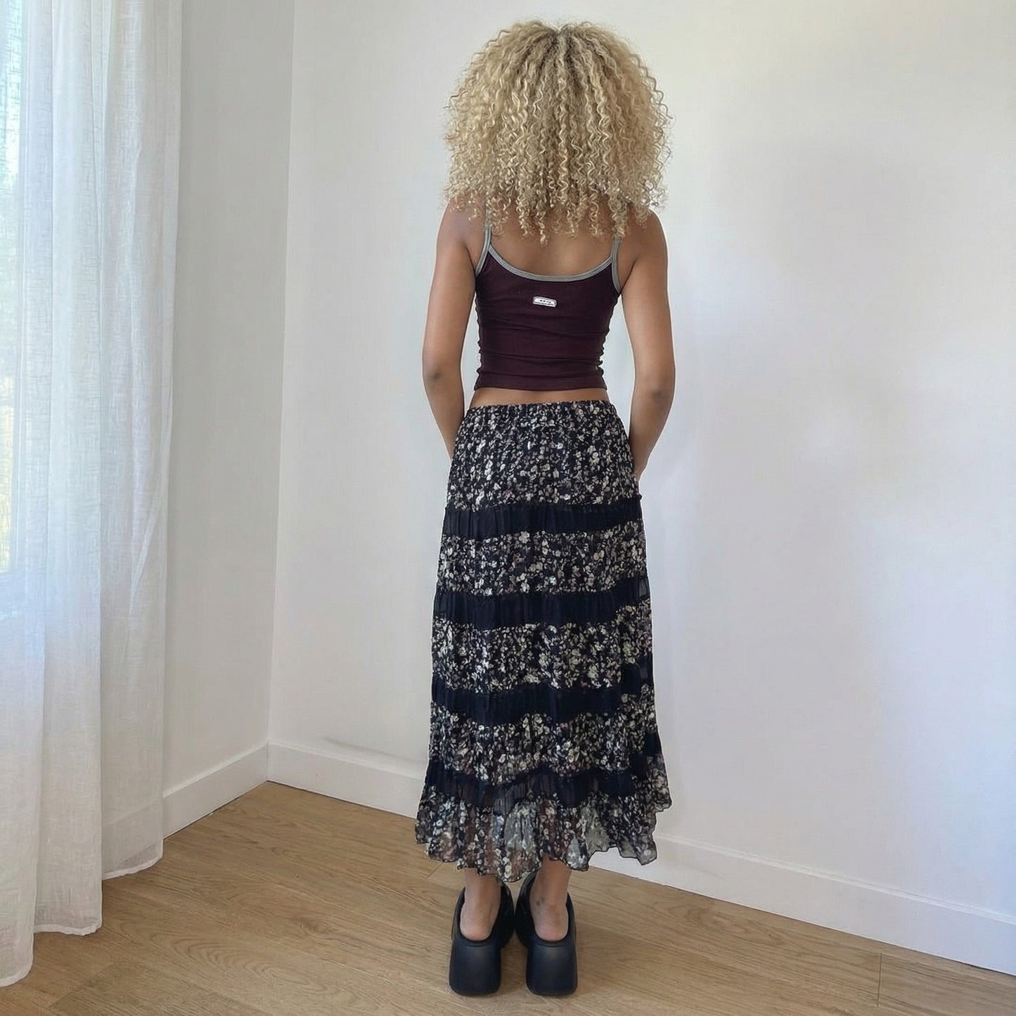 Vintage Black Pink Floral Mesh Tiered Maxi Skirt Euro Y2K (XS/S)