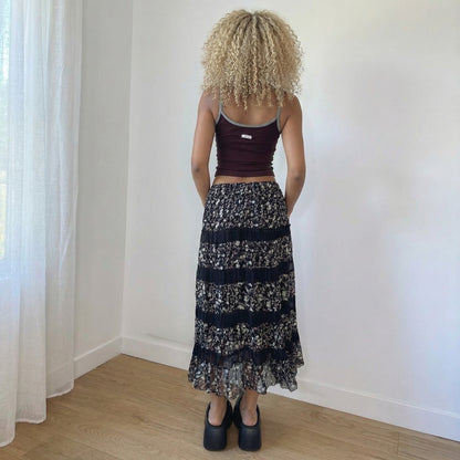 Vintage Black Pink Floral Mesh Tiered Maxi Skirt Euro Y2K (XS/S)