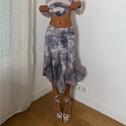 Italian vintage Y2K pink and blue two-piece set with slinky long sleeve top and embroidered silk mesh midi skirt