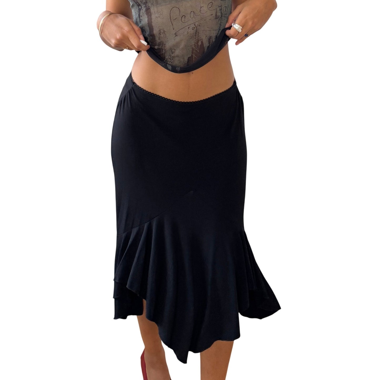 Vintage Euro black asymmetric ruffle-hem stretch midi skirt (Small)