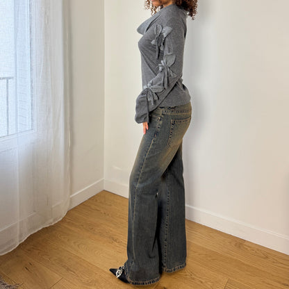 Vintage euro grey slinky long sleeve top with knit cowl neckline (S/M)