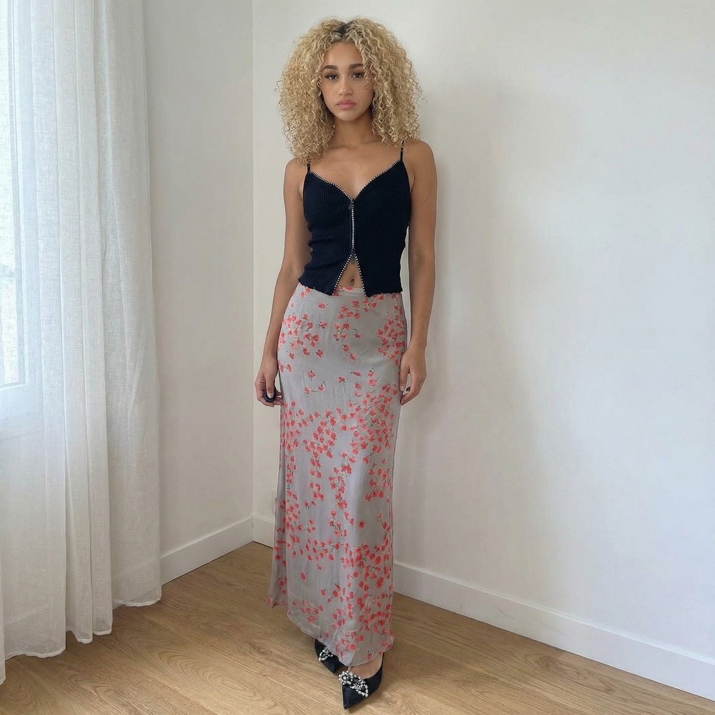 Vintage Italian Mesh Floral Maxi Skirt (XS/S)