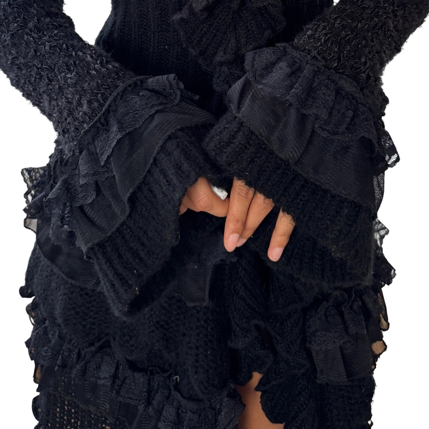 Vintage Euro black ruffled knit maxi cardigan dress with button front (M)