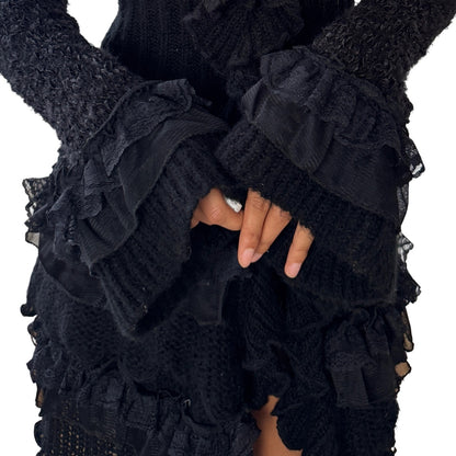 Vintage Euro black ruffled knit maxi cardigan dress with button front (M)