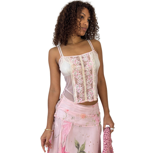Italian vintage sheer blush mesh cami with pink floral lace panels (S)