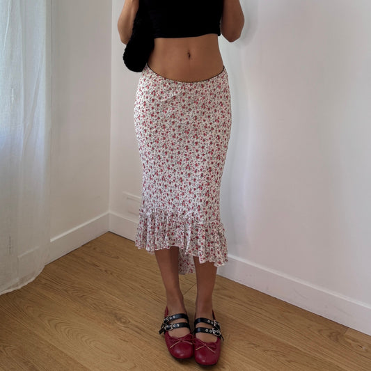 Vintage Y2K White Pink Floral Mesh Midi Skirt with Ruffle Hem (S) ⠀