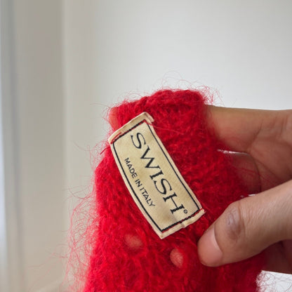 Italian Vintage 90s Red Mohair Wool Cropped Cardigan Open Knit (XS/S)
