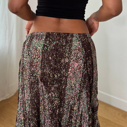Vintage Brown Micro Floral Mesh Maxi Skirt Lace Hem Italian Y2K Skirt (S) ⠀