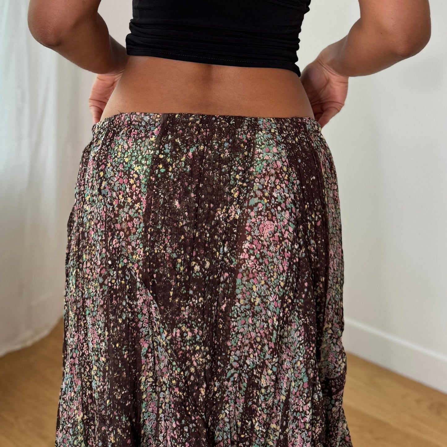 Vintage Brown Pink Floral Mesh Maxi Skirt Lace Trim Italian Y2K (S)