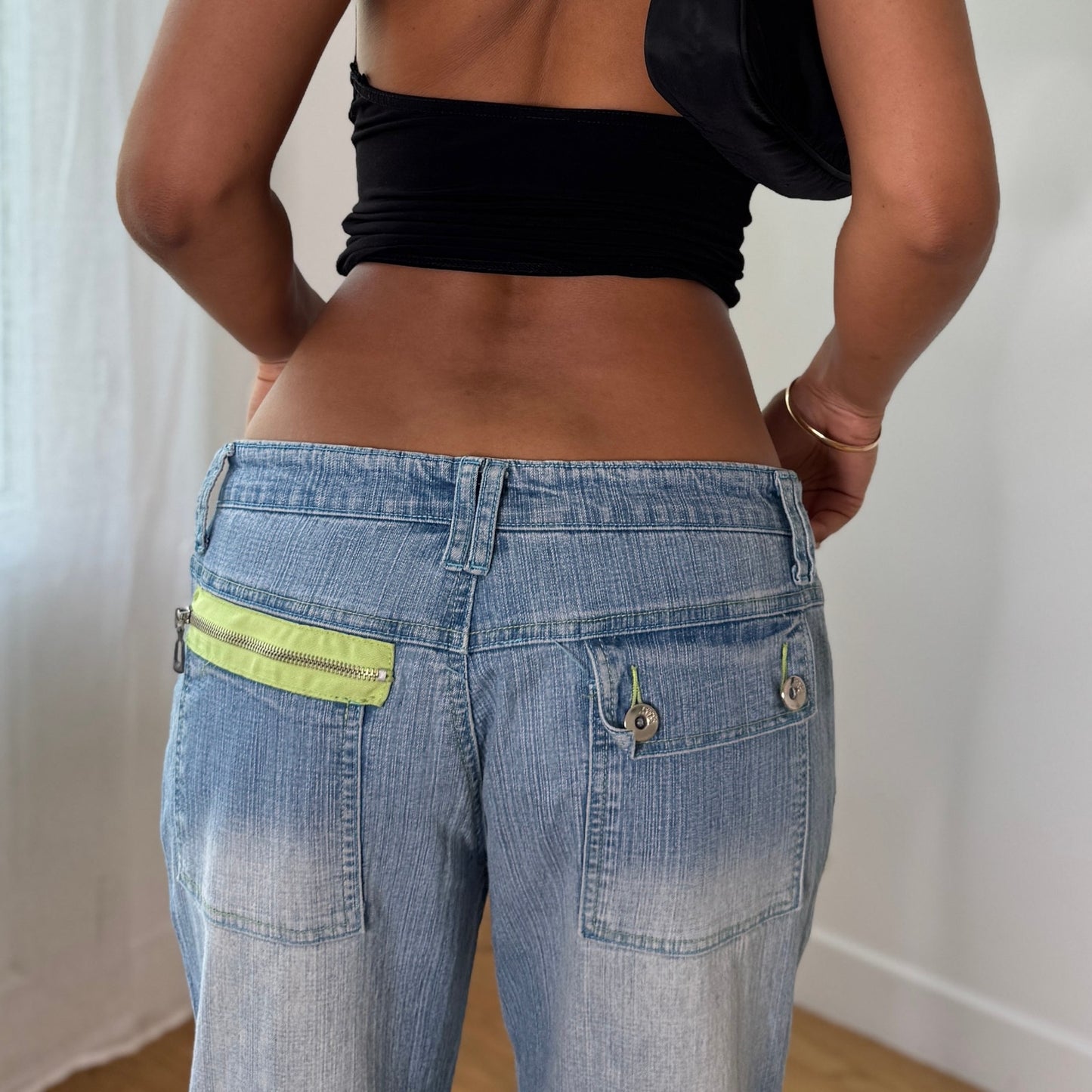 Vintage Y2K Light Wash Cargo Flare Jeans Utility Denim (S/M)
