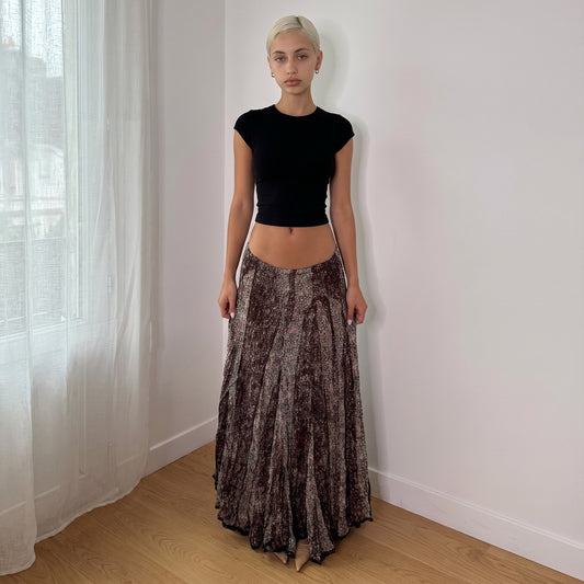 Vintage Brown Pink Floral Mesh Maxi Skirt Lace Trim Italian Y2K (S)