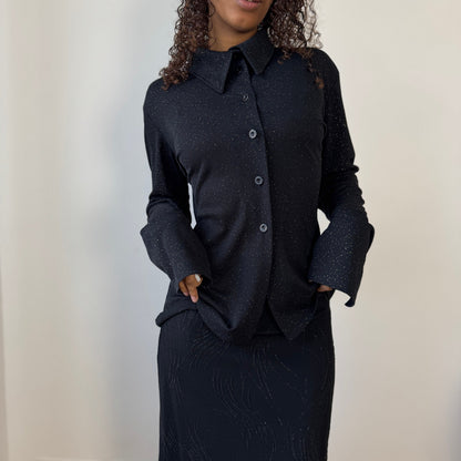 Vintage euro Y2K black slinky mesh shimmer button up top (M)
