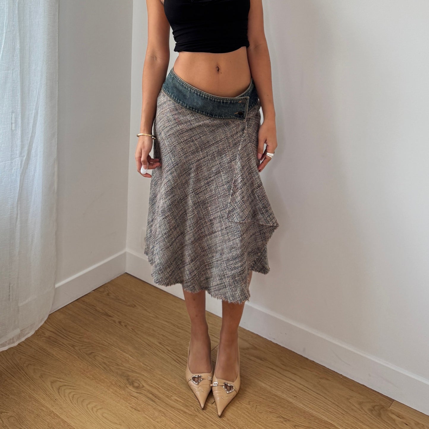 Vintage Tan Tweed Denim Waistband Midi Skirt Y2K French Wool Silk (S)