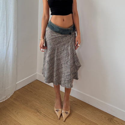 Vintage Tan Tweed Denim Waistband Midi Skirt Y2K French Wool Silk (S)