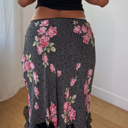 Vintage Black Pink Floral Mesh Asymmetrical Midi Skirt Euro Y2K (S)