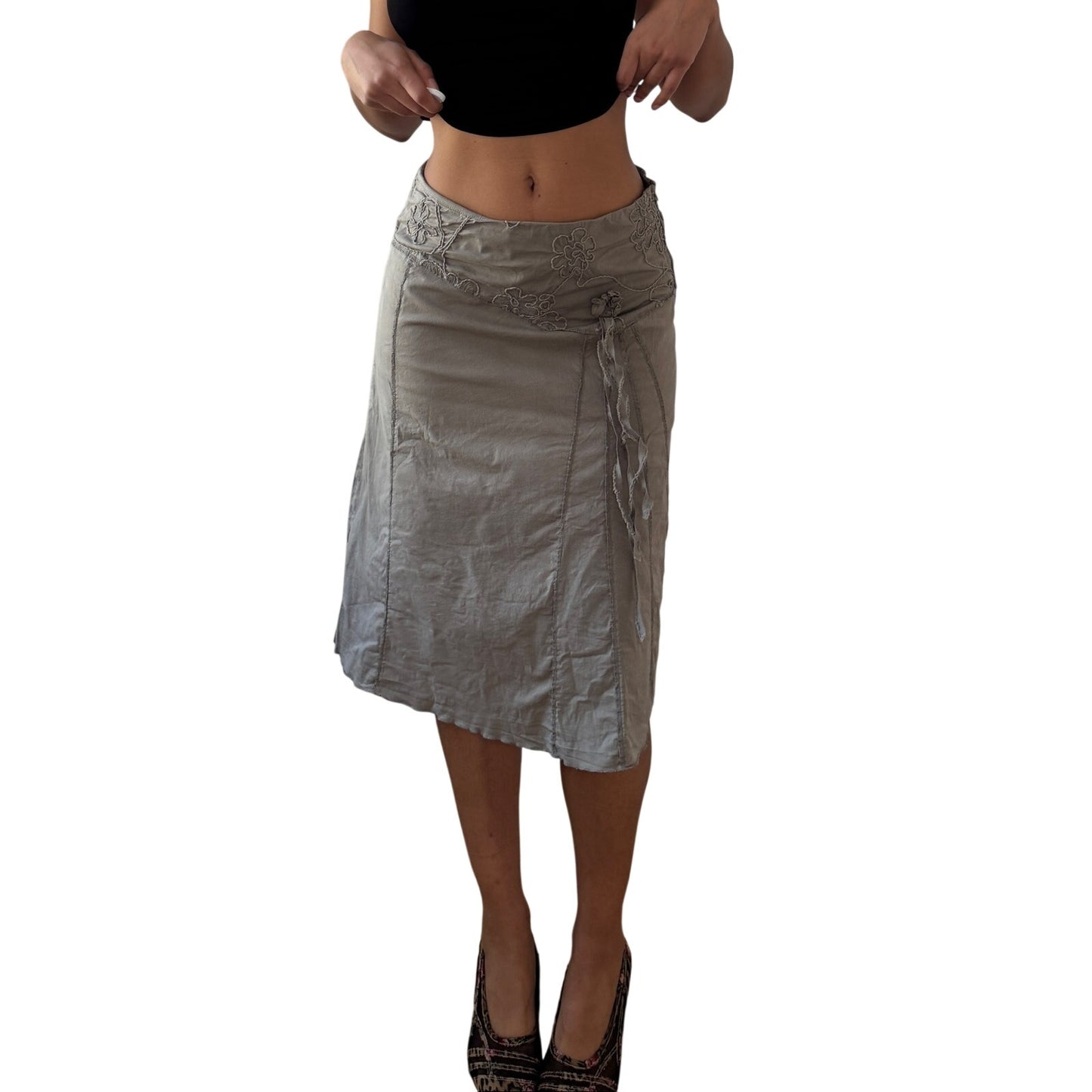 Vintage Khaki Cotton Embroidered Midi Skirt Tie Detail Y2K (S)