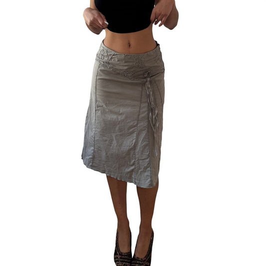 Vintage Khaki Cotton Embroidered Midi Skirt Tie Detail Y2K (S)