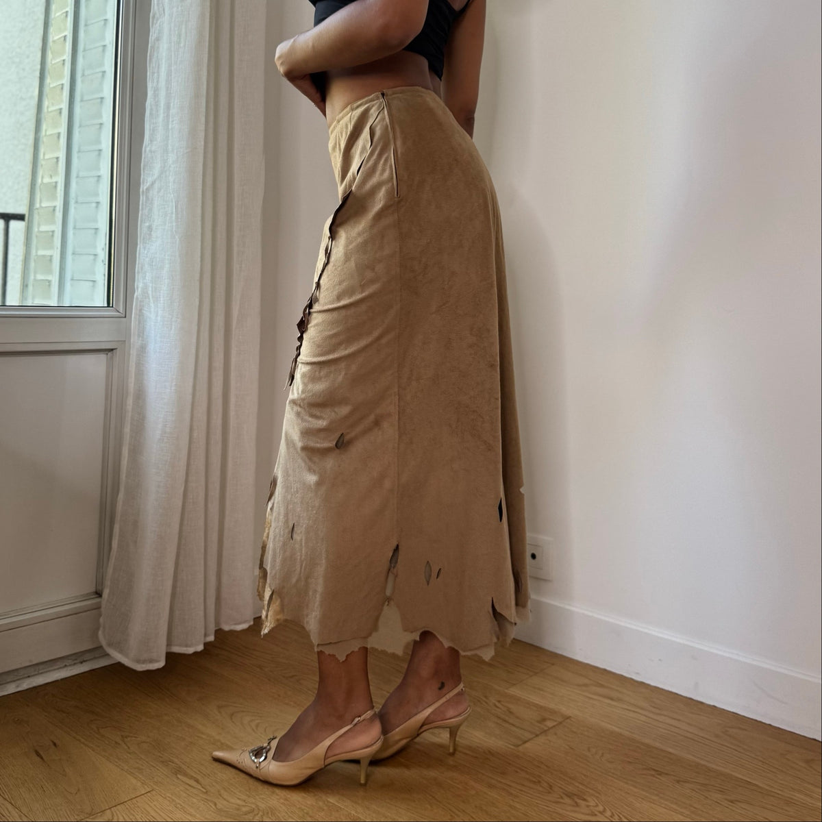 Vintage Beige Faux Suede Cutout Midi Skirt (XS/S)