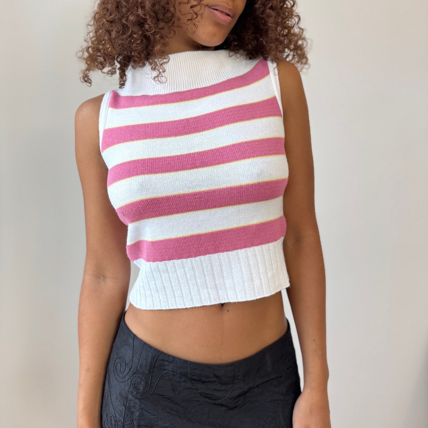 Vintage Italian pink + white striped mock-neck knit tank (Small)