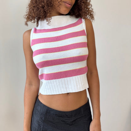 Vintage Italian pink + white striped mock-neck knit tank (Small)