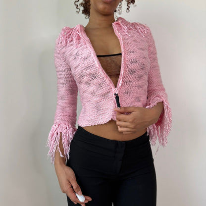 Vintage Pink Fringe Knit Cropped Jacket Zip Up Y2K Euro (XS/S)
