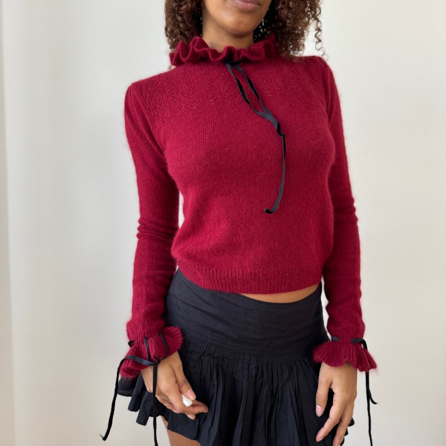 Vintage Euro Burgundy Angora Ruffle Neck Knit Long Sleeve Top (Small)